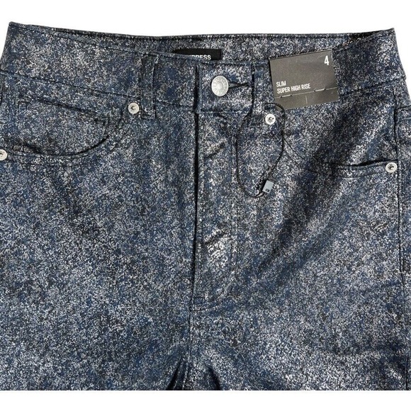 Express Slim Super High Rise Pants Women 4 Blue Silver Metallic New Foil Denim - Picture 5 of 10